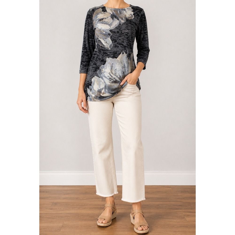 Burnout Floral Sequin Tunic Top Women Medium Semi Sheer Stretch 3/4 Sleeve‎ Boho
